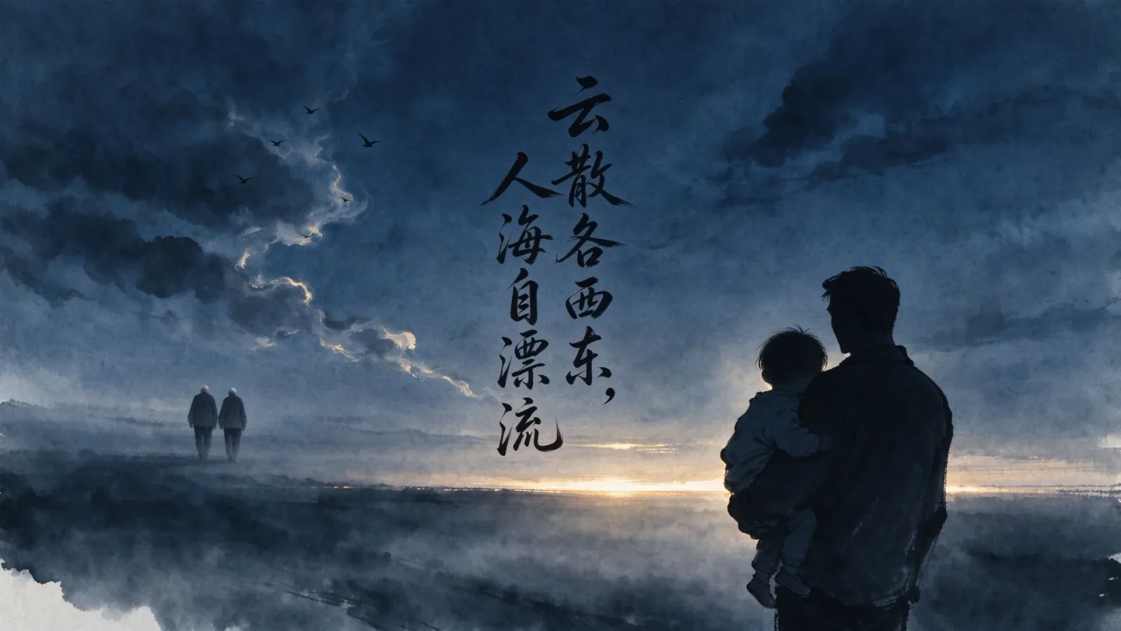深蓝色天空下，父亲抱着孩子望向远去的两位老人，画面写着“云散各西东，人海自漂流”
