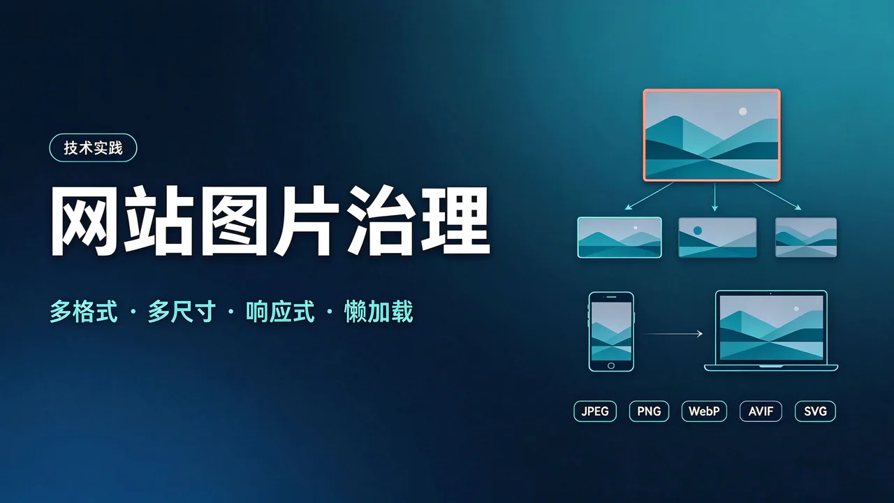 一张大图向下派生多档尺寸、并在手机与笔记本之间适配的网站图片治理主题画面，底部标注 JPEG、PNG、WebP、AVIF、SVG 格式
